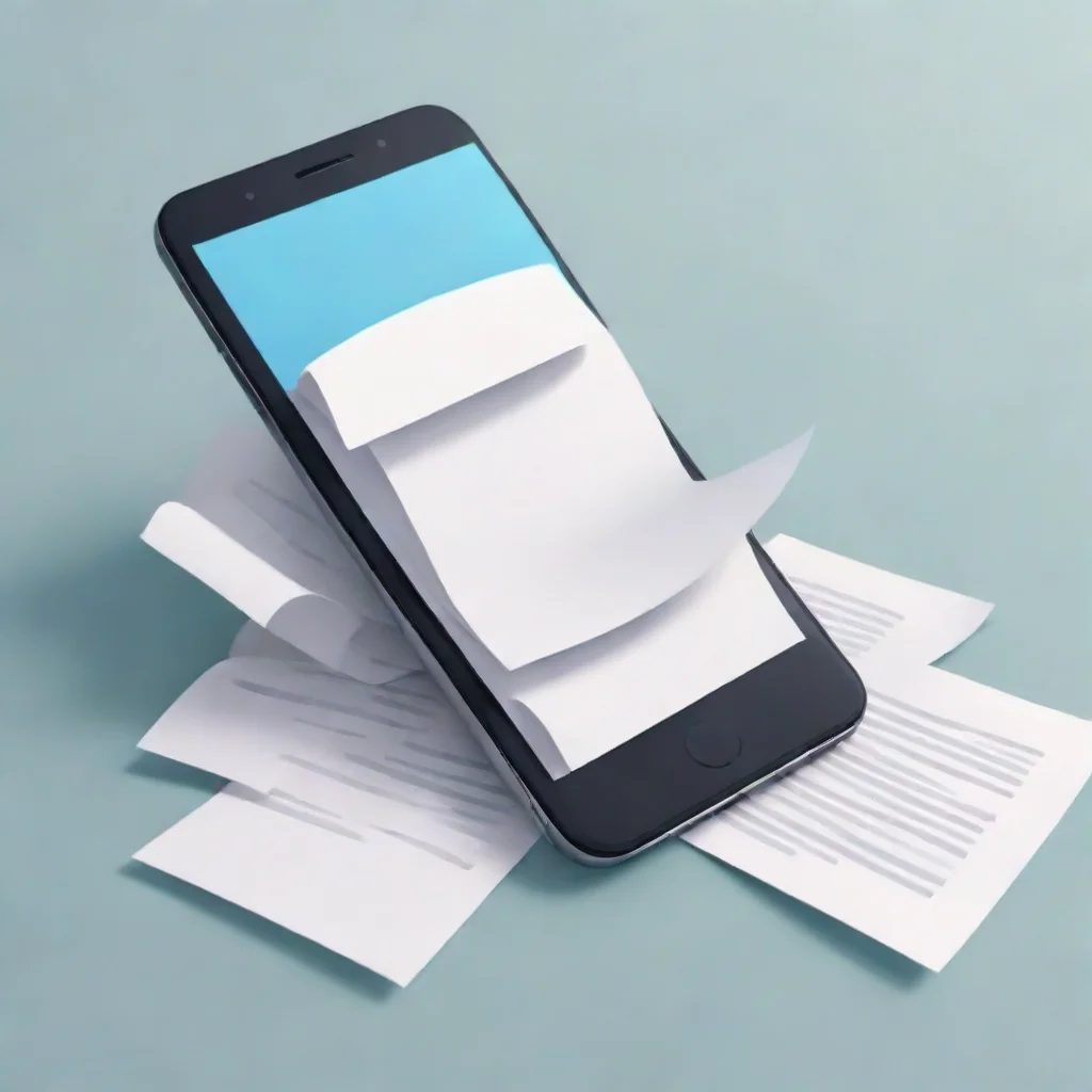 ai a mobile phone with screen shown with several pieces of paper seeming to curve into it cartoon style