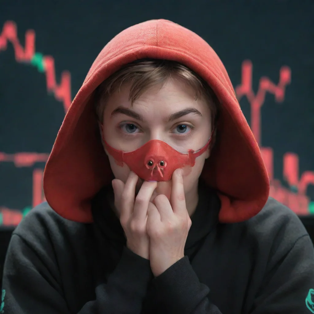 ai a nervous squid game player with thesquidgame logo on their face maskwatching a red candlestick on a crypto chart