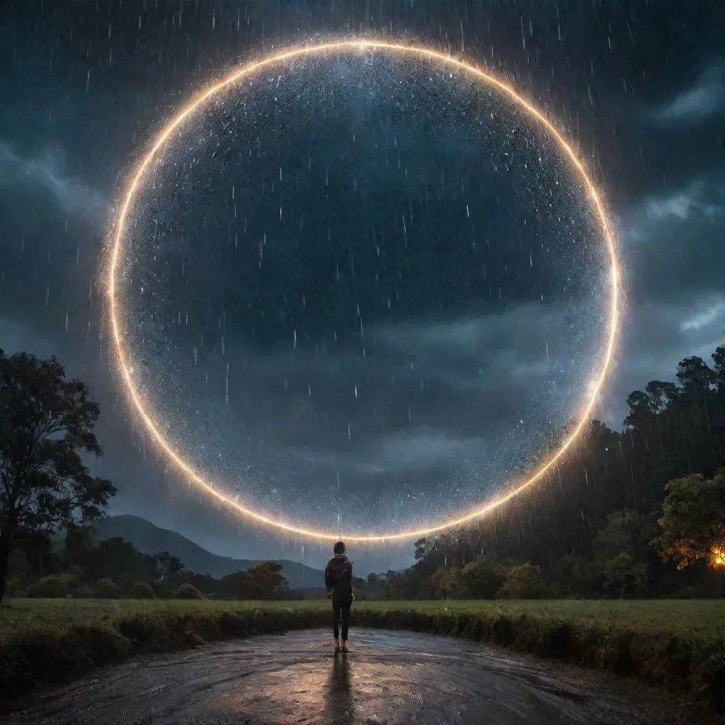 ai a night sky that has a huge magic circle that rain lights across the world