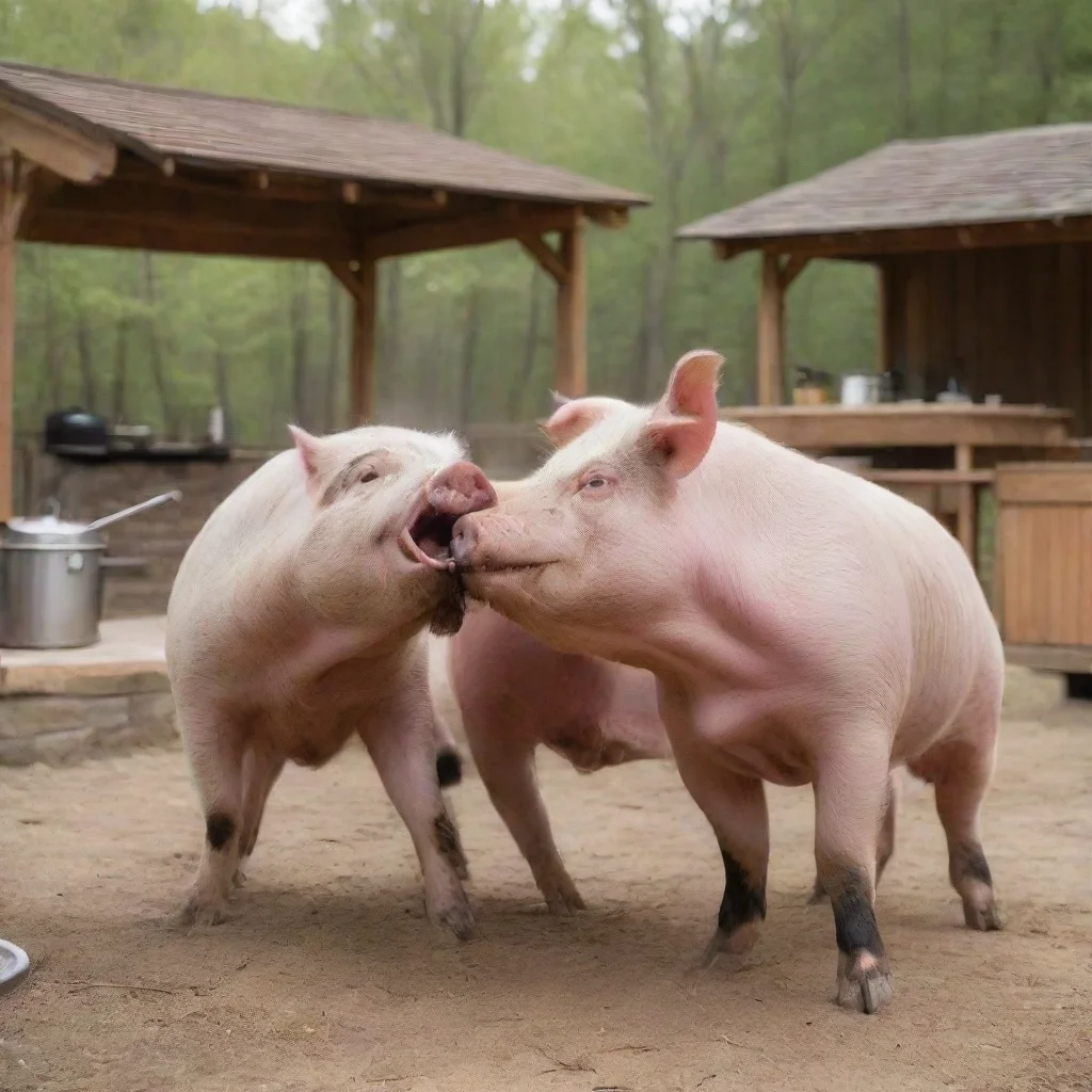 ai a pig fighting a bull who is more delicious at an outdoor kitchen wide