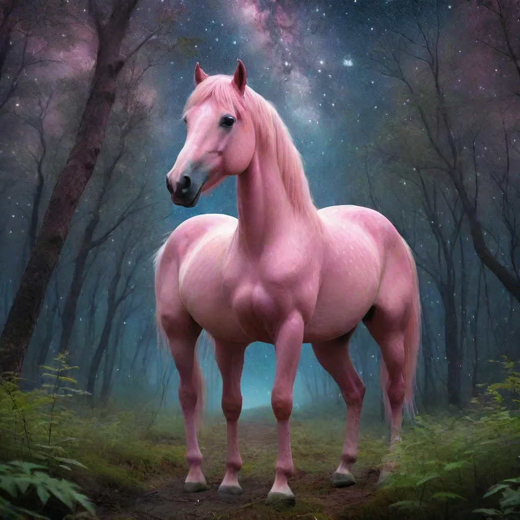 a pink horse wanders through a dense forest under a starry sky good looking trending fantastic 1