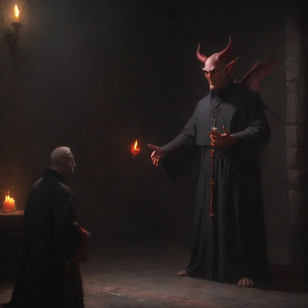 ai a priest is talking to a devil inside a dark room confident engaging wow artstation art 3 wide