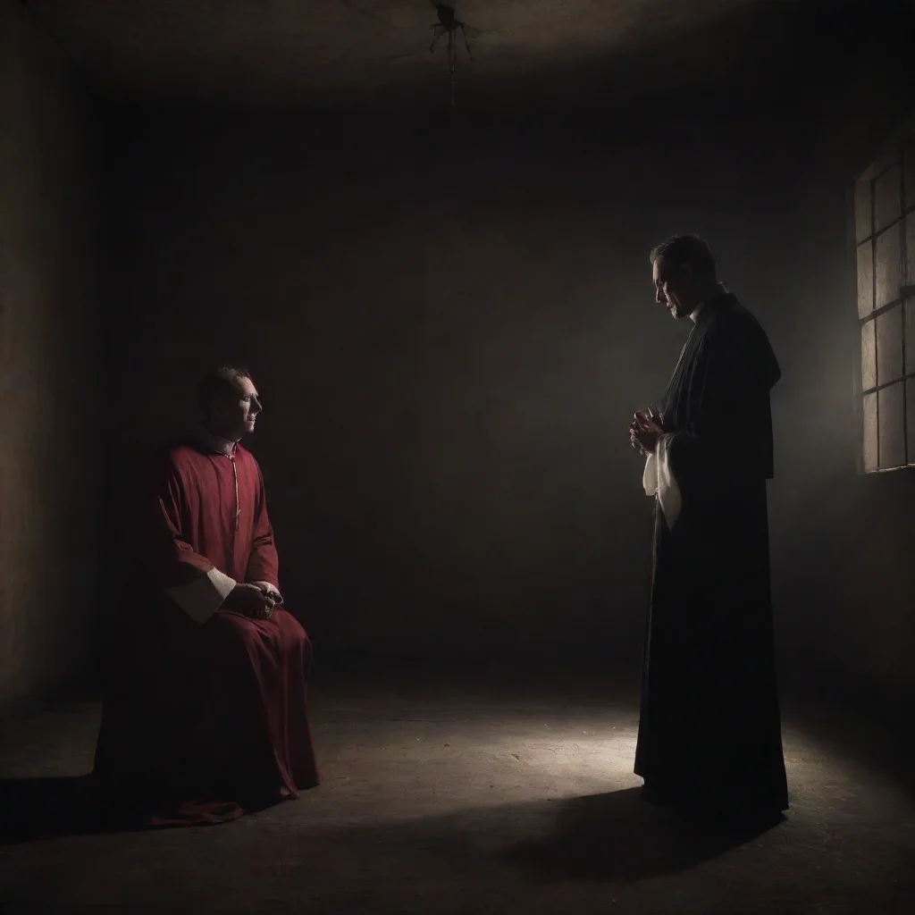 ai a priest is talking to a devil inside a dark room wide