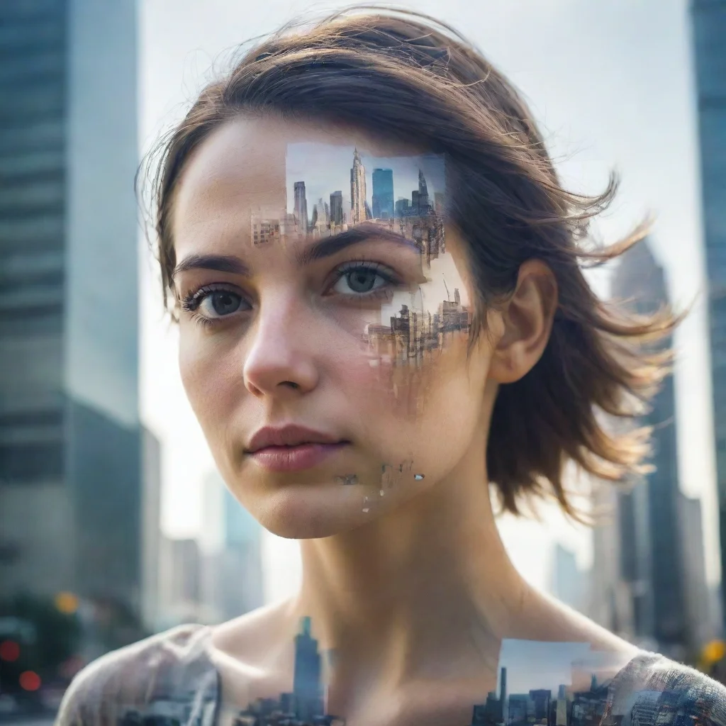 ai a realistic double exposure portrait of a women and a city