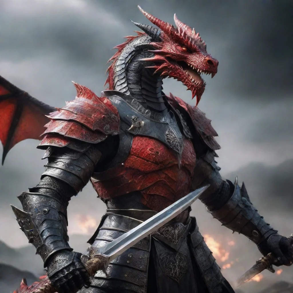 a red and black dragon in battle armour holding a sword amazing awesome portrait 2