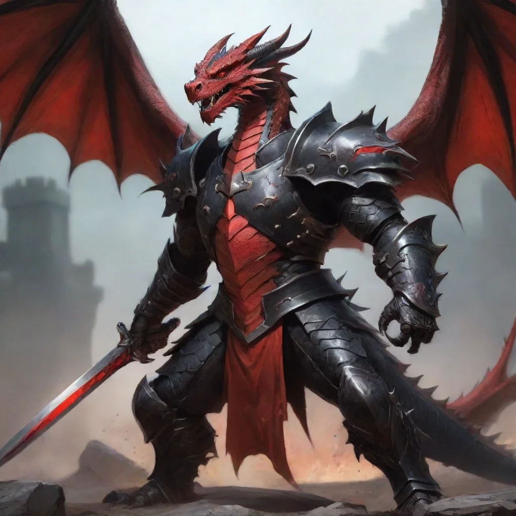 ai a red and black dragon in battle armour holding a sword confident engaging wow artstation art 3