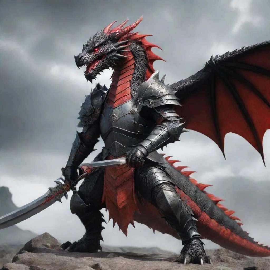 ai a red and black dragon in battle armour holding a sword good looking trending fantastic 1