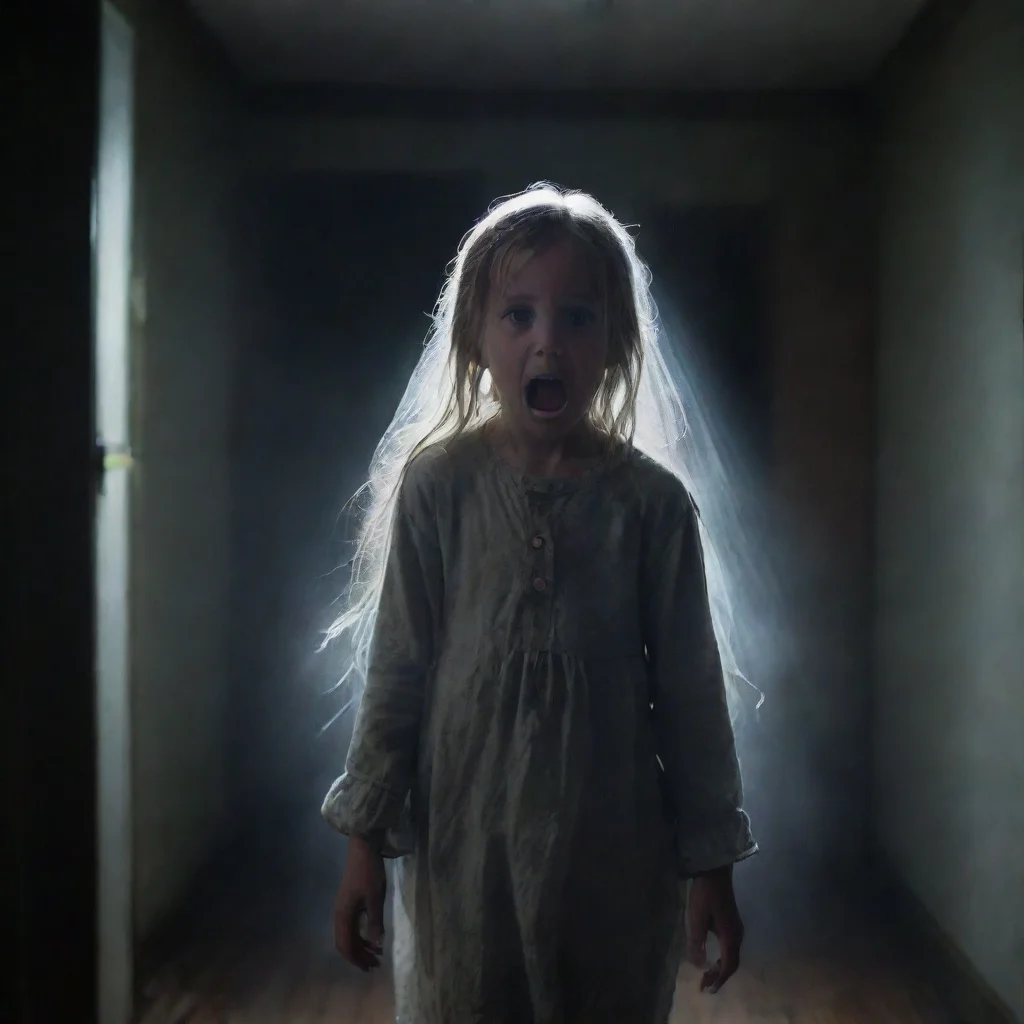 ai a scary ghost is scaring a girl inside a dark roomhurricane light is shining inside the roomthe boy is very scared amazi