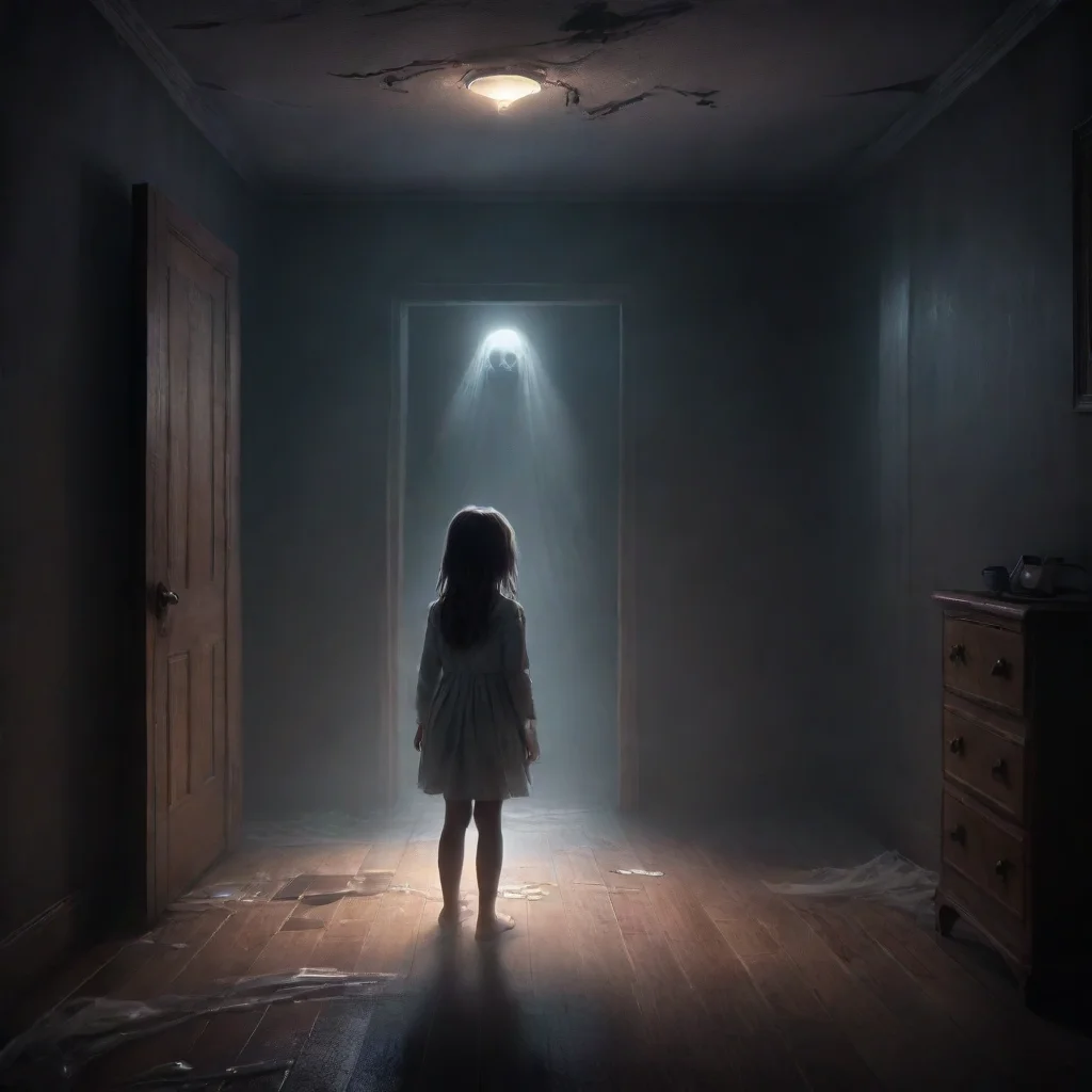 ai a scary ghost is scaring a girl inside a dark roomhurricane light is shining inside the roomthe boy is very scared confi