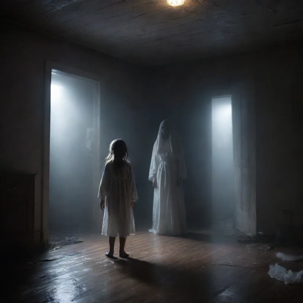 ai a scary ghost is scaring a girl inside a dark roomhurricane light is shining inside the roomthe boy is very scared good 
