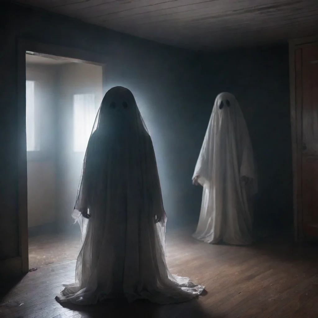 ai a scary ghost is scaring a girl inside a dark roomhurricane light is shining inside the roomthe boy is very scared wide