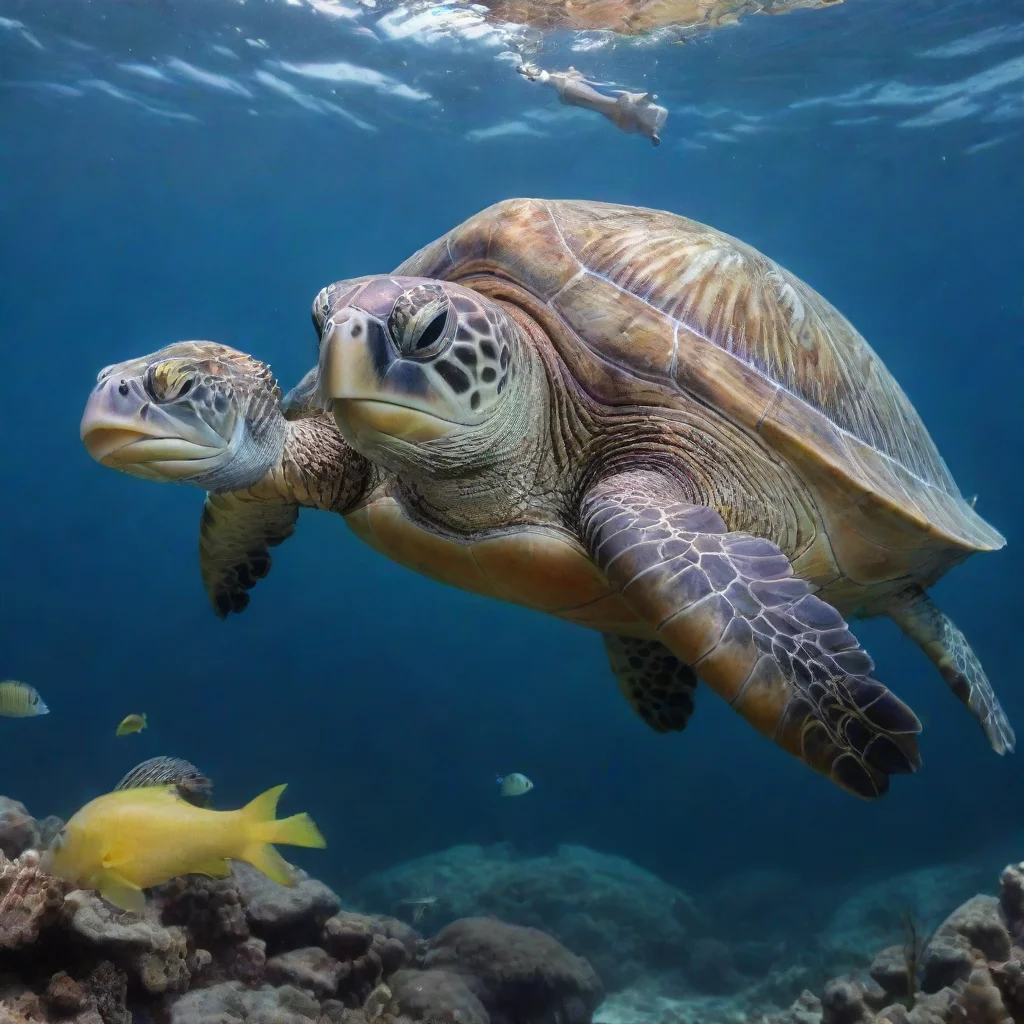 ai a sea turtle with a silver fish and yellow seahorse under the ocean amazing awesome portrait 2