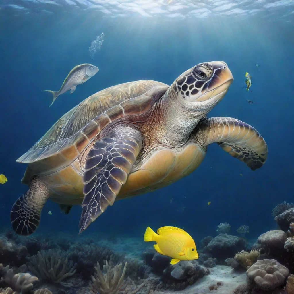 a sea turtle with a silver fish and yellow seahorse under the ocean good looking trending fantastic 1