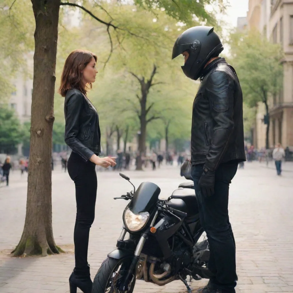 ai a short girl with brown hair and a tall man stand in a city square with treesthe man reach out a black motorcycle helmet
