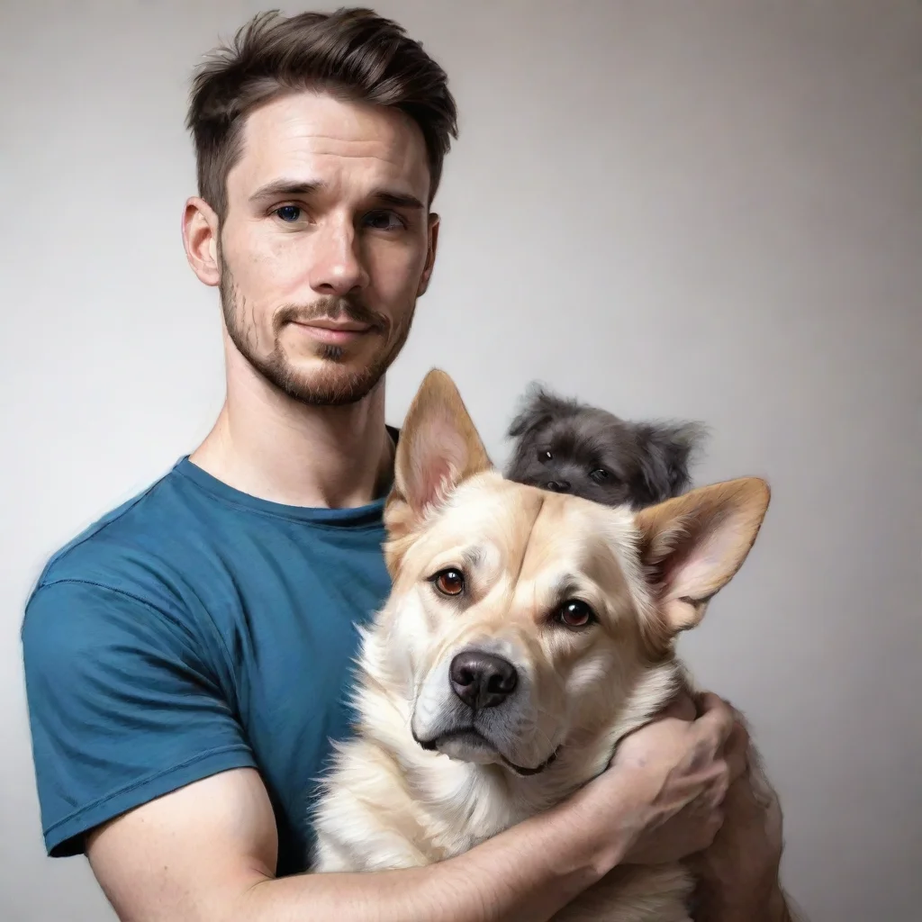 ai a sketch style man is holding a big realistic style dog amazing awesome portrait 2