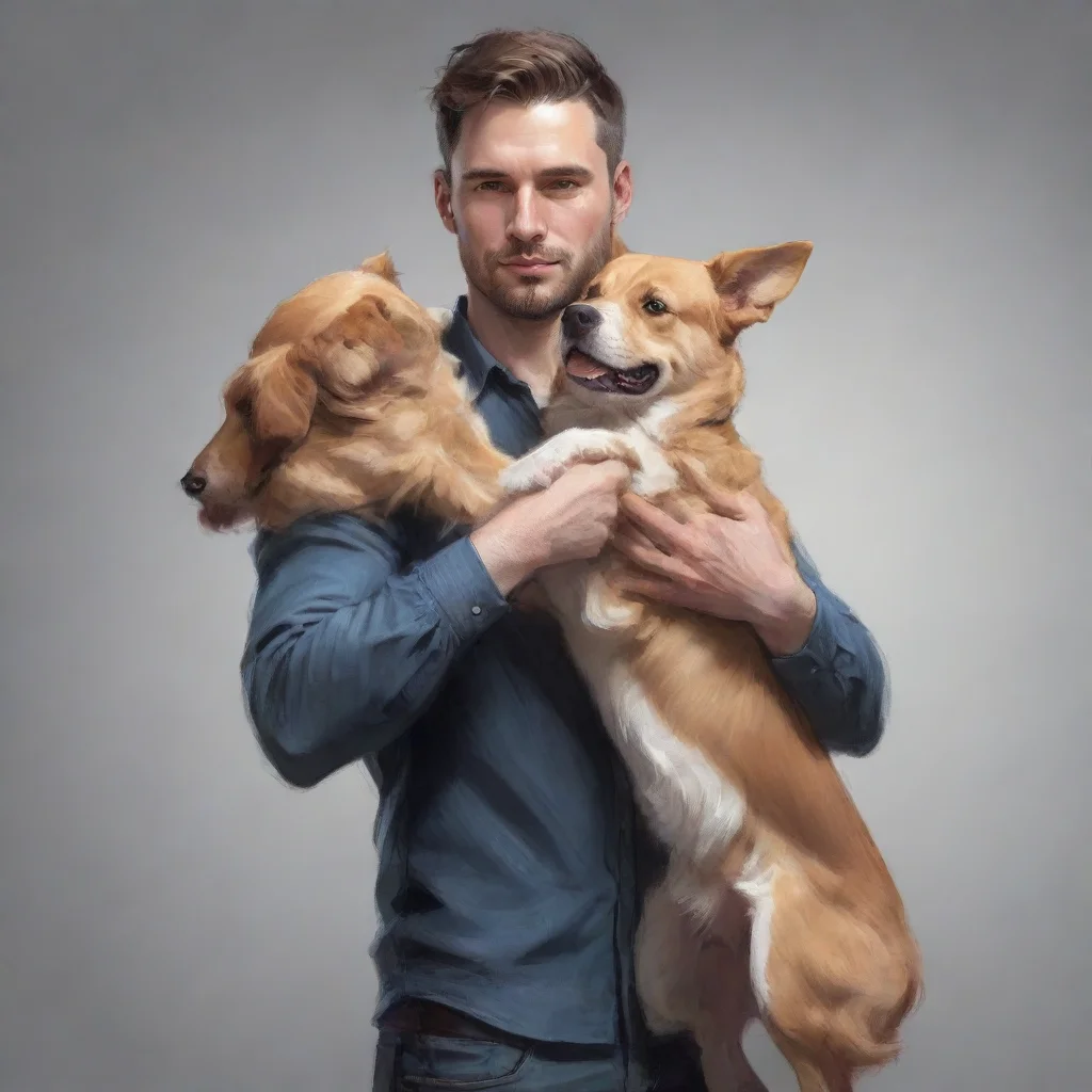 a sketch style man is holding a big realistic style dog confident engaging wow artstation art 3