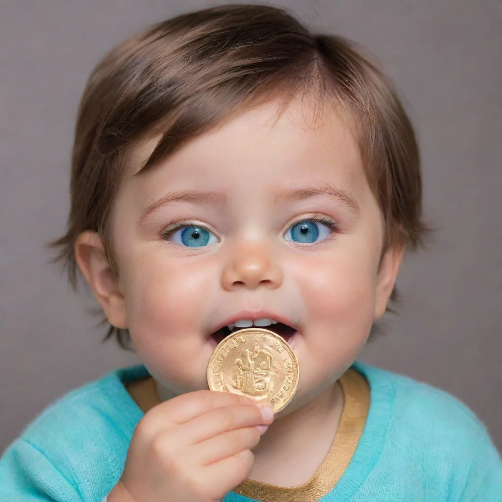 ai a sleepy brown hair boy baby with cyan beautiful eyes holding a gold coin with happy face good looking trending fantasti