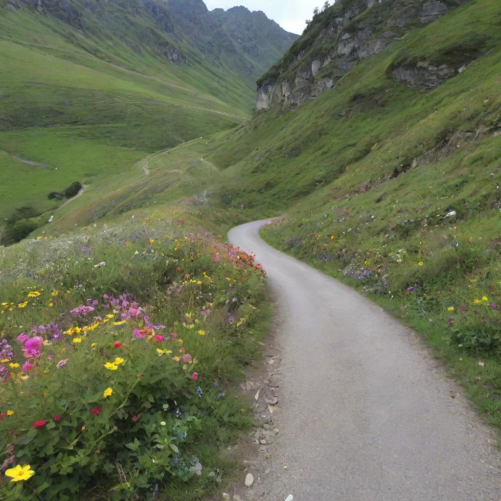 ai a small road in the mountain side with many flowerstall