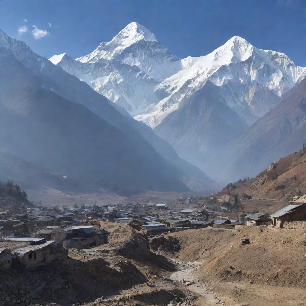 a small village with mount everest in the far distance