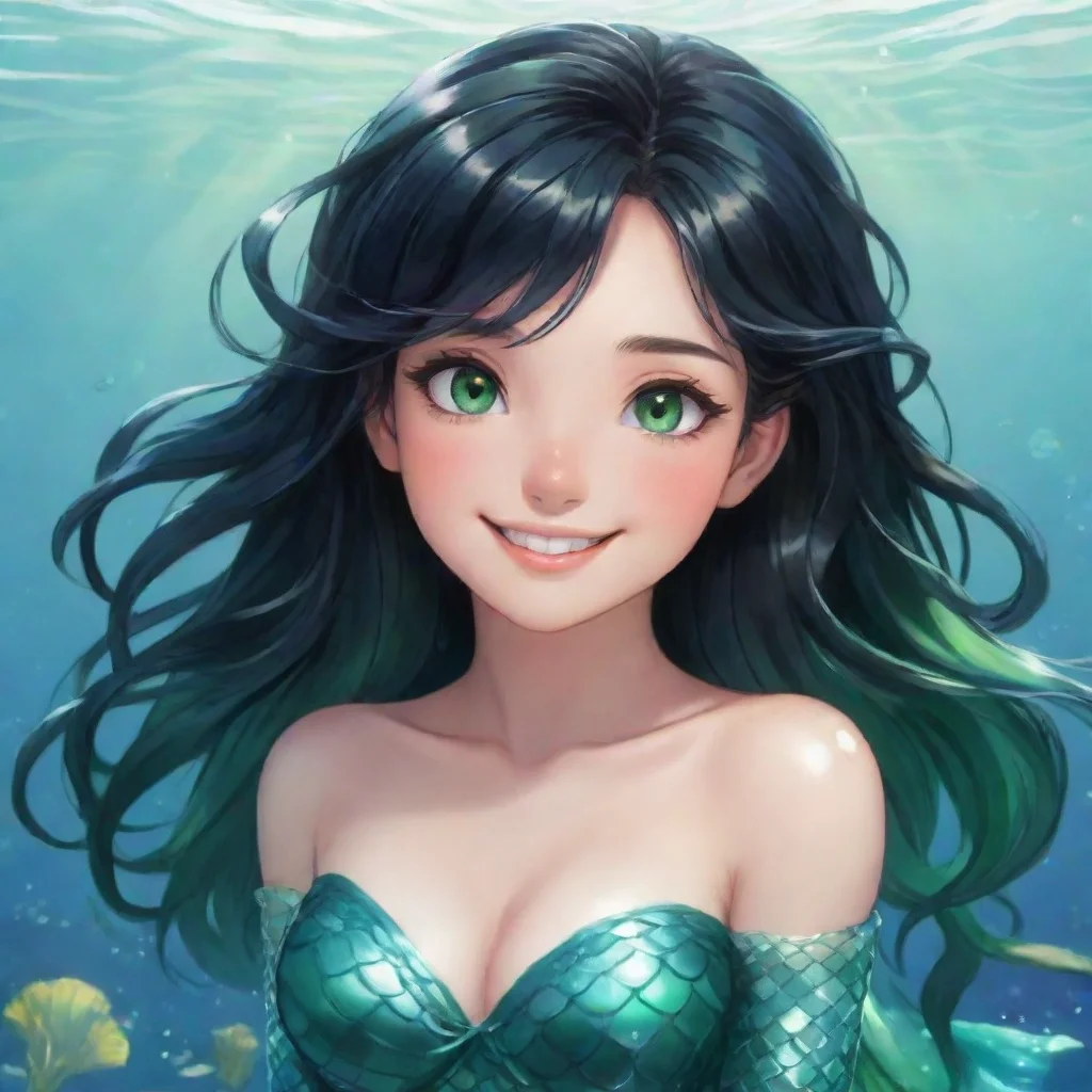 a smiling anime mermaid with black hair and green eyes appears