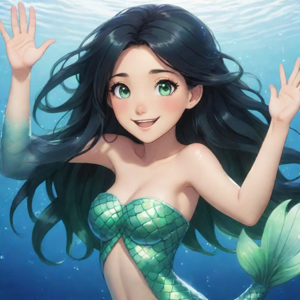 a smiling anime mermaid with black hair and green eyes waving