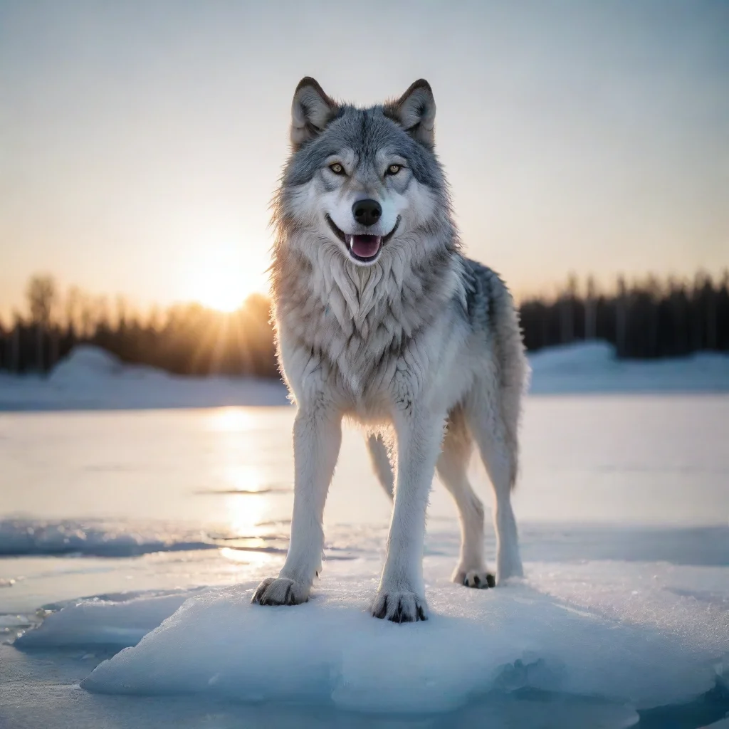 a smiling wolfmade from icestanding on a giant ice lakethe sun behind him 