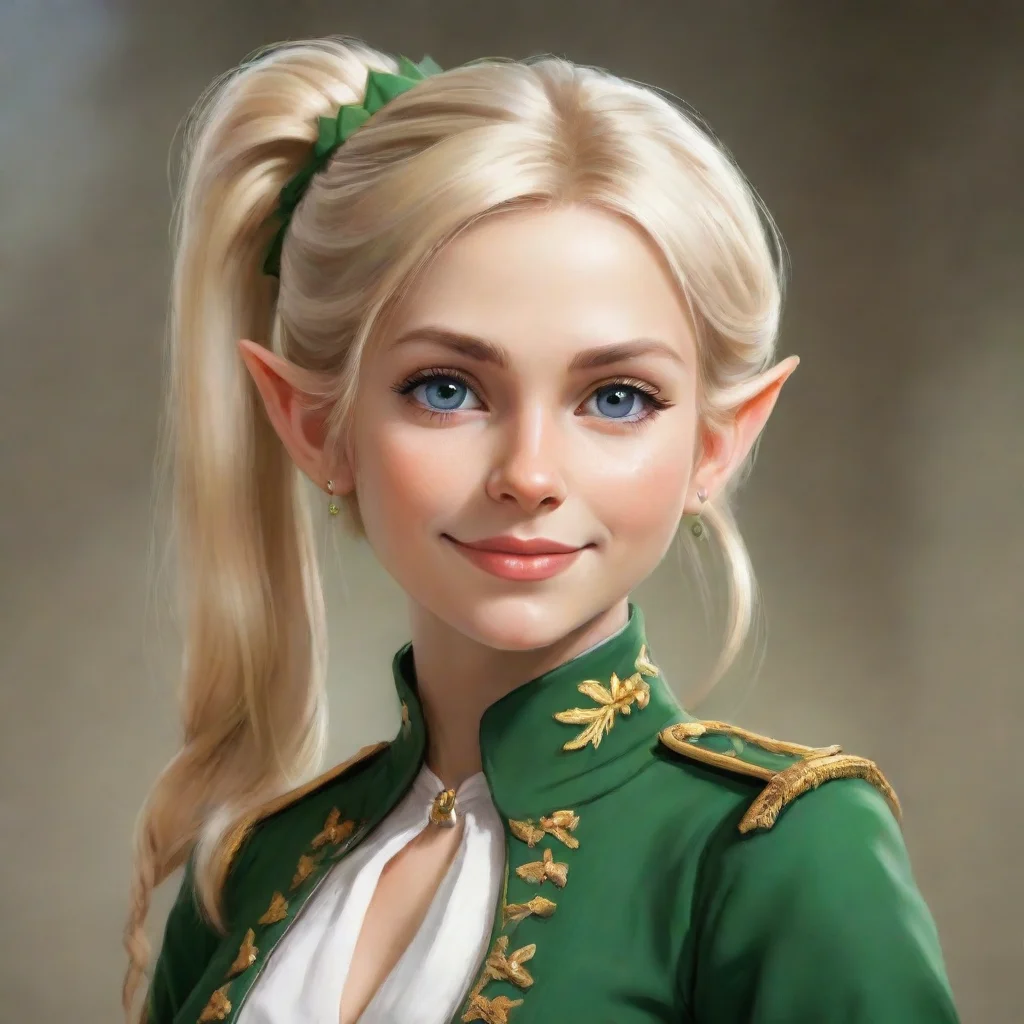 a smirking beautiful female elf with blonde hair in a ponytail wearing a napoleonic uniformdigital art