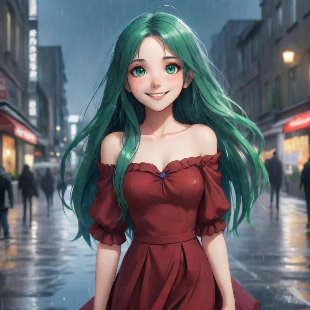 ai a tall anime girl with long green hair and cornflower colored eyes standing in the background of a rainy cityshe is wear