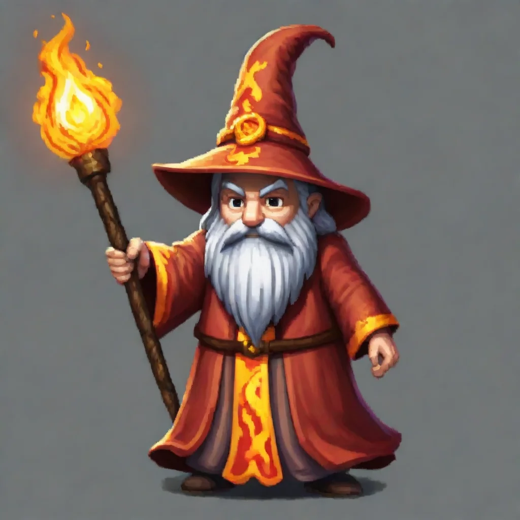 a topdown 256 x 256 pixel sprite for a pc gameshowing a wizard with a lava staff