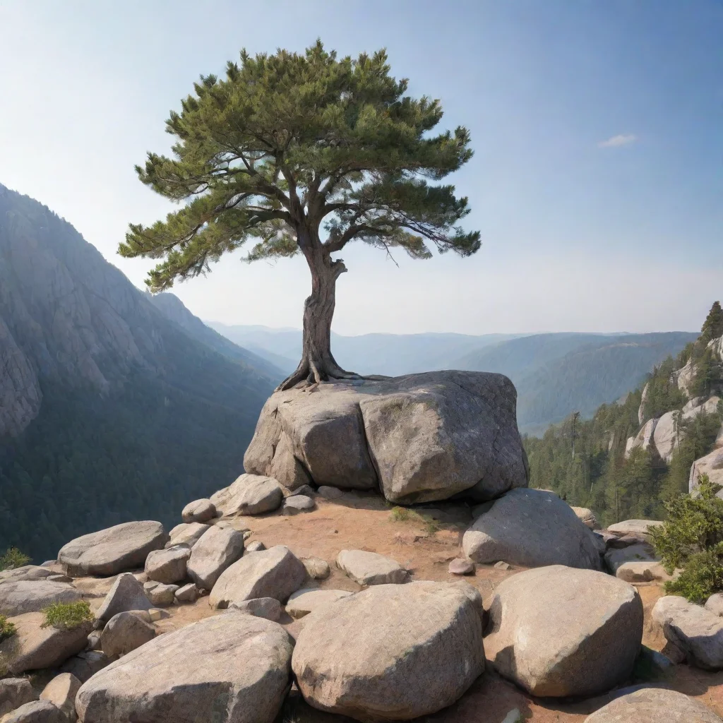 a tree stands on a big rock