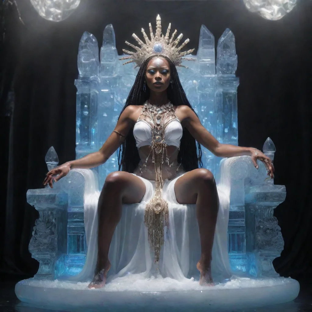 ai a voodoo priestess of silence on a fluid throne so clean and clear with technical crystals floating ar 1812