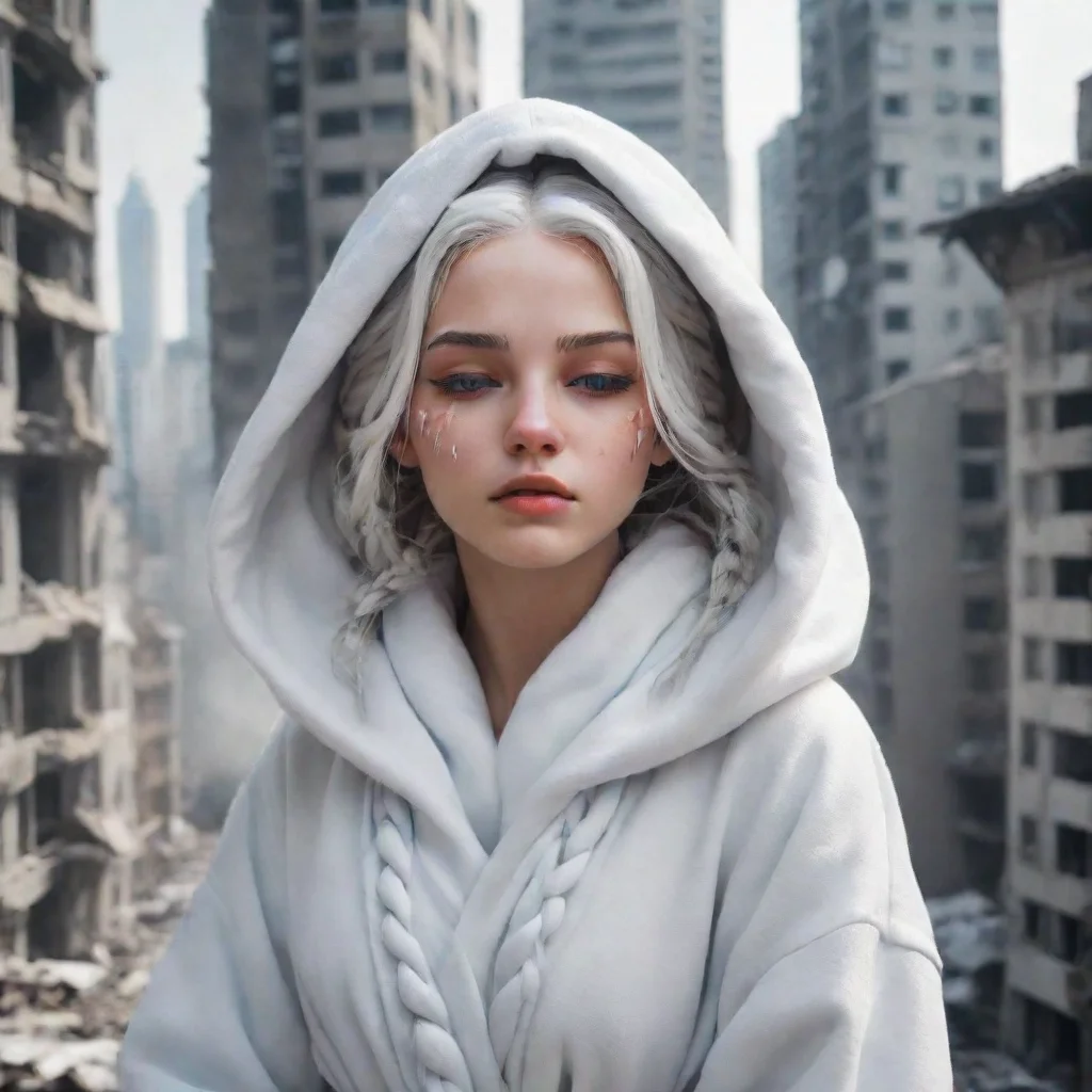ai a white hair girl with white eyelashesandwith all of her hair bundled up in a braided wearing all white robes with the h