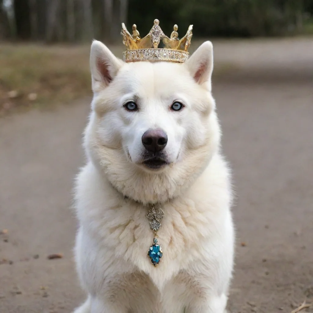 a white husky wearing a crown