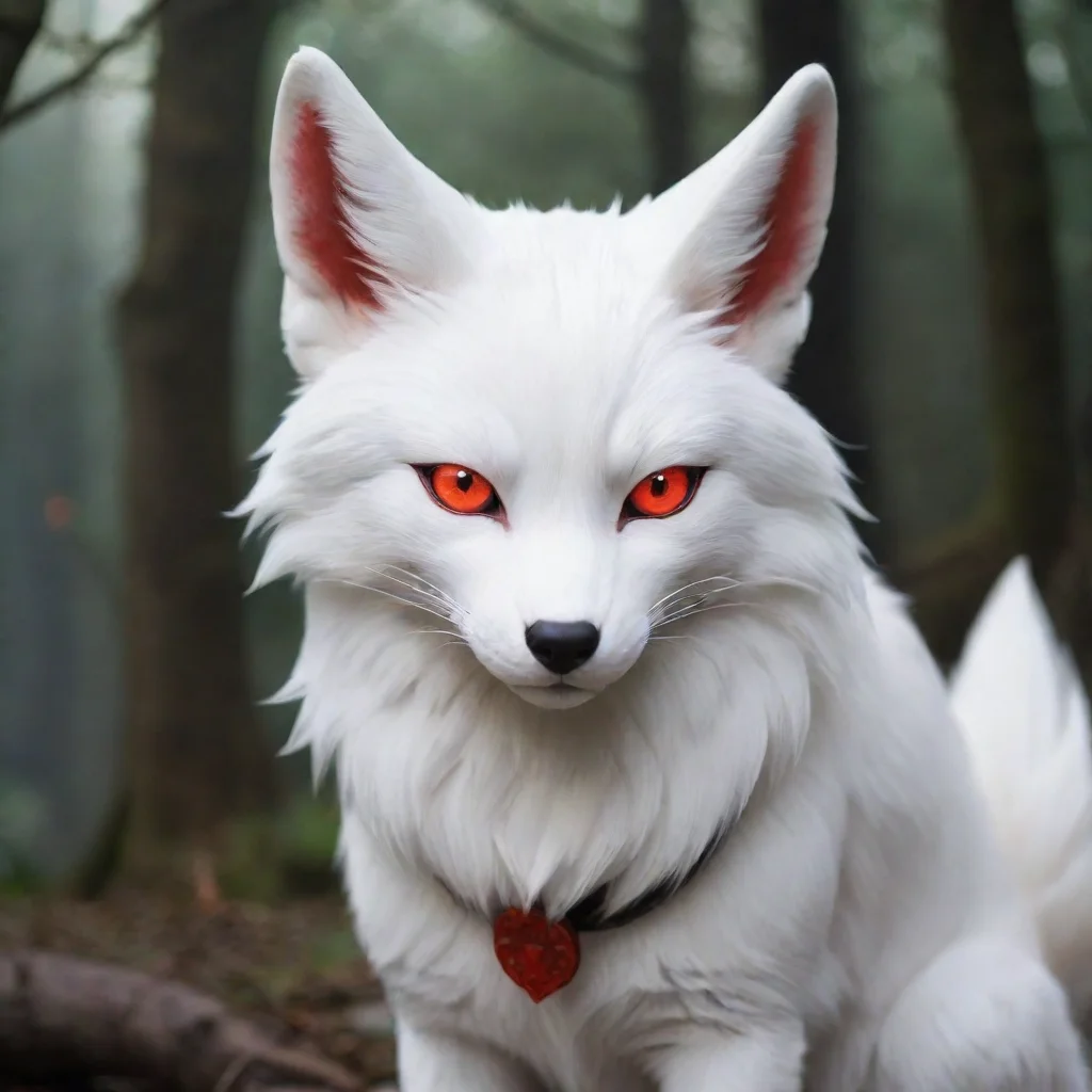  a white kitsune with red eyes