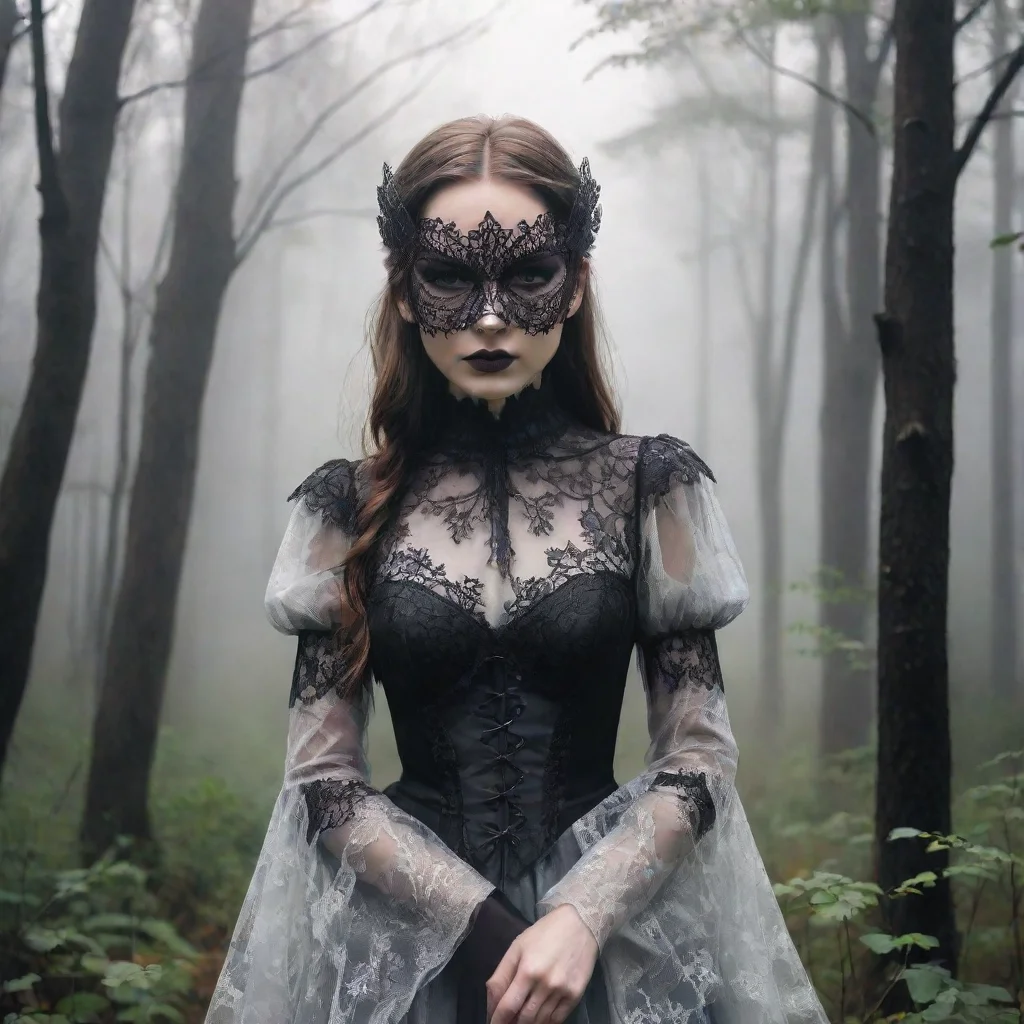 ai a woman blind maskgothic dresslace trimbeautifuldramaticfogoutdoorsdense forestcoloring book page line artthick outlinec