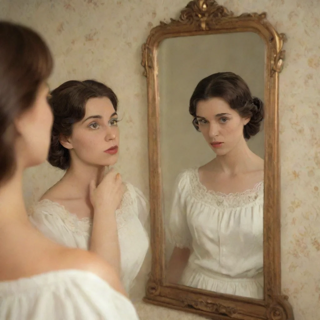 ai a woman looking at herself in a mirror with nostalgy wide