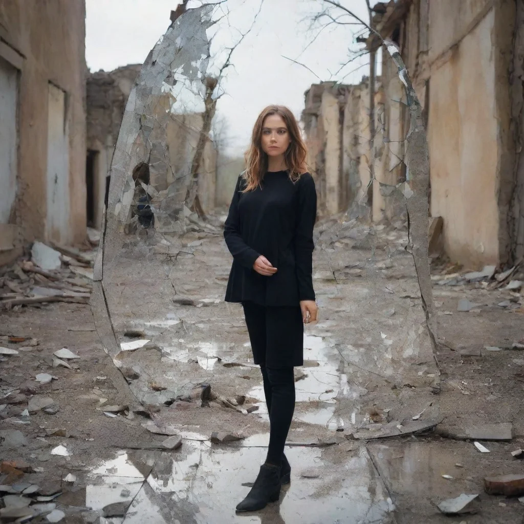 a woman standing in front of a shattered mirror with each piece of the mirror reflection a different landscape amazing a