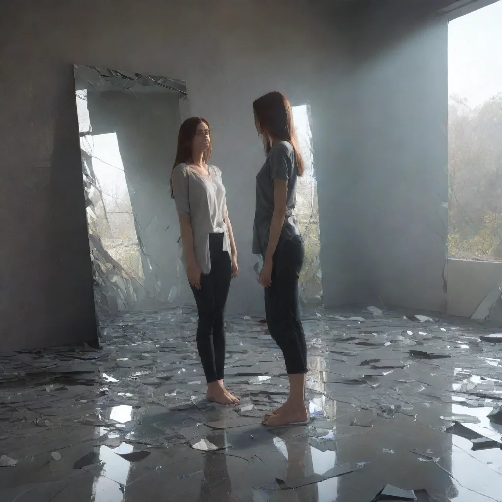 ai a woman standing in front of a shattered mirror with each piece of the mirror reflection a different landscape confident