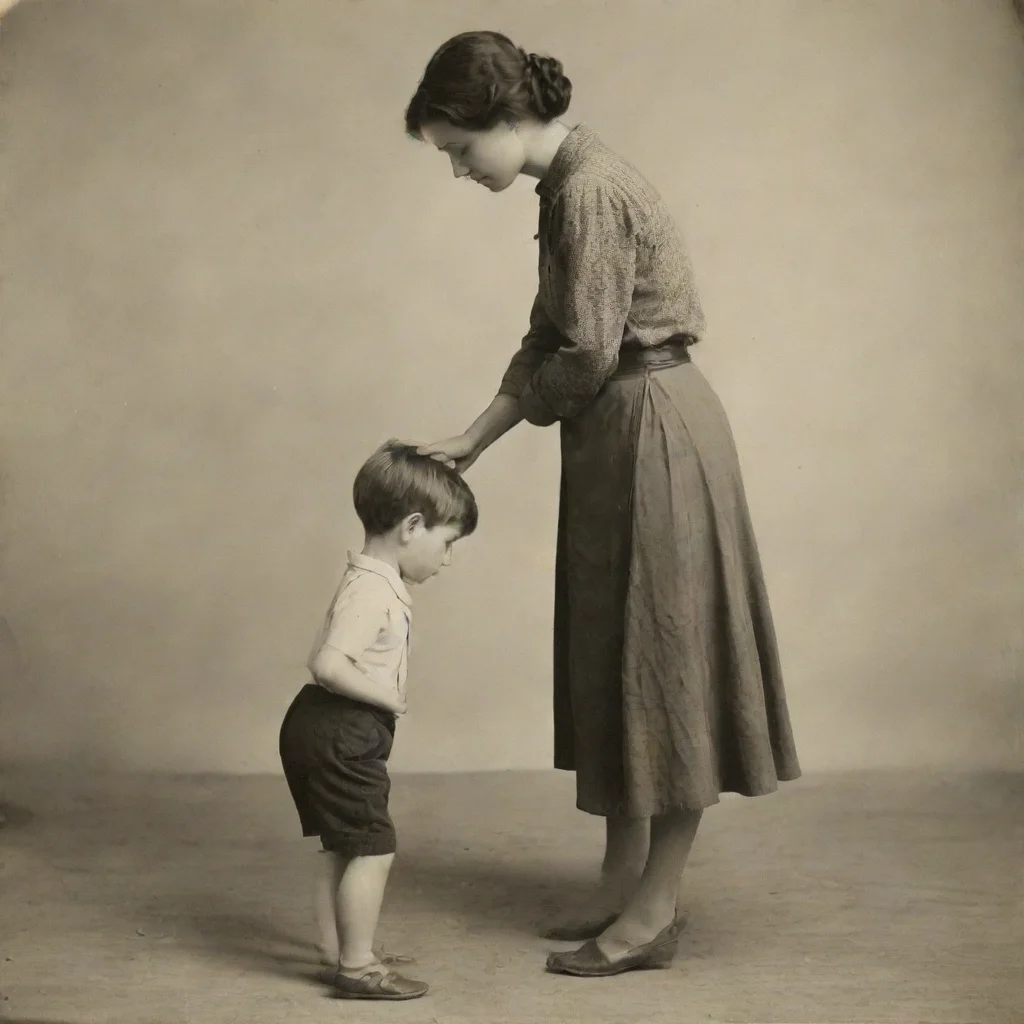  a woman standing over a boy