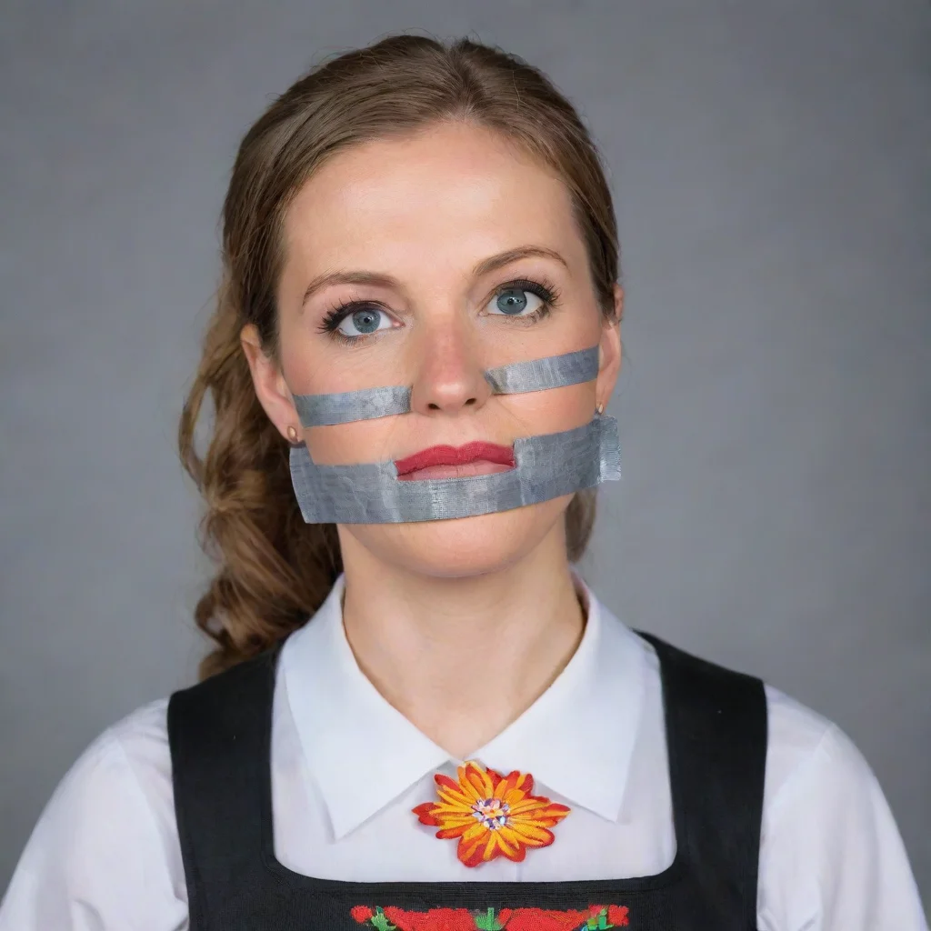 a woman wearing a bunadduct tape on her mouthtall
