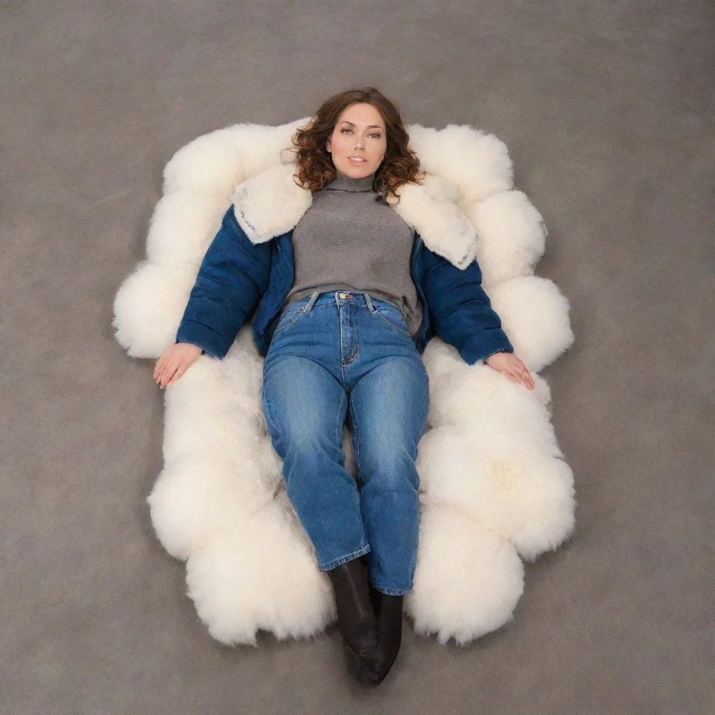 ai a woman wearing b3 shearling jackettight jeansand knee high snow boots is lying down with her legs spread widelylow came