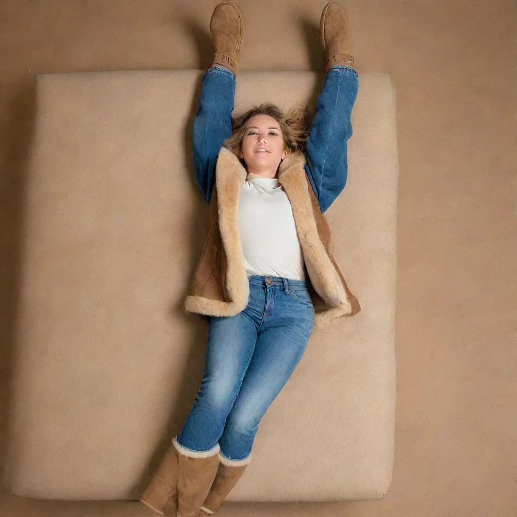 ai a woman wearing b3 shearling jackettight jeansknee high ugg bootsis lying down with her legs spread wide openlow camera 