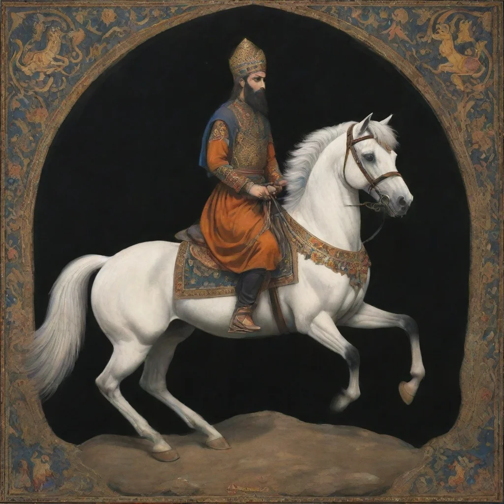ai a young champion on horse with shahnameh design art dark