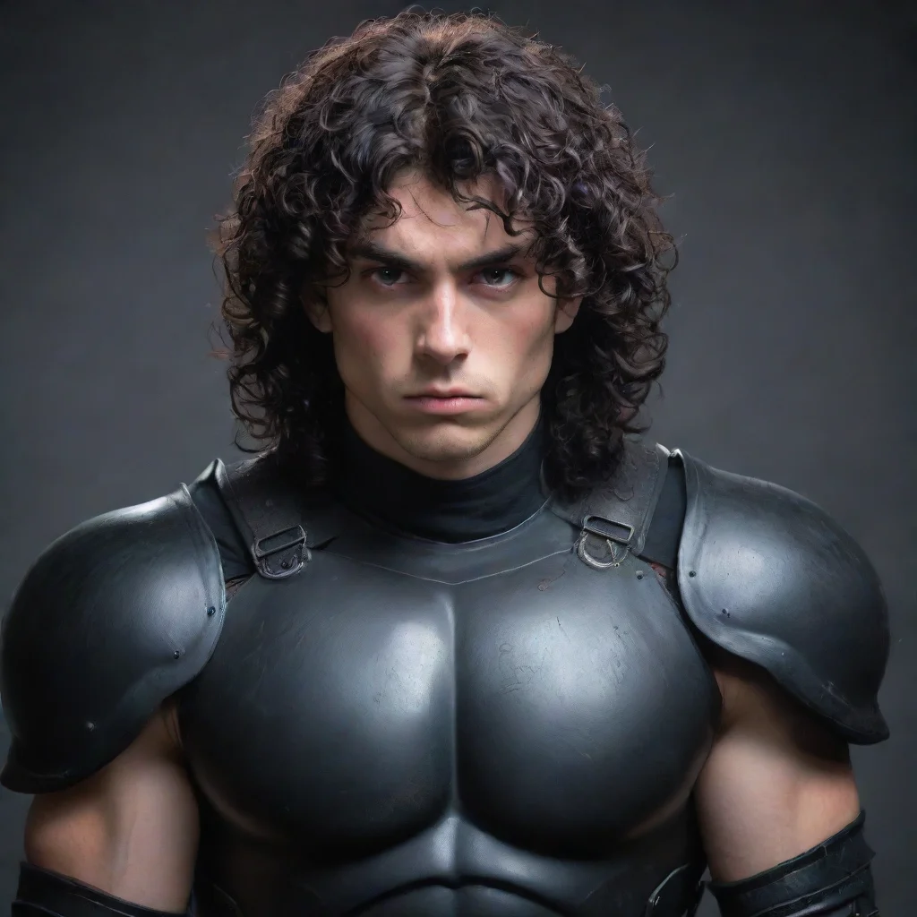 ai a young man with a muscular buildhe wears fully black armorhas a melancholic faceblack curly hair and red eyes amazing a