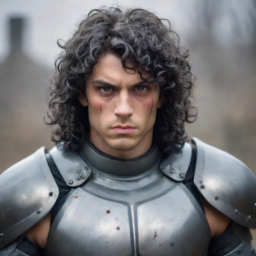 ai a young man with a muscular buildhe wears fully grey armorhas a melancholic faceblack curly hair and red eyes amazing aw