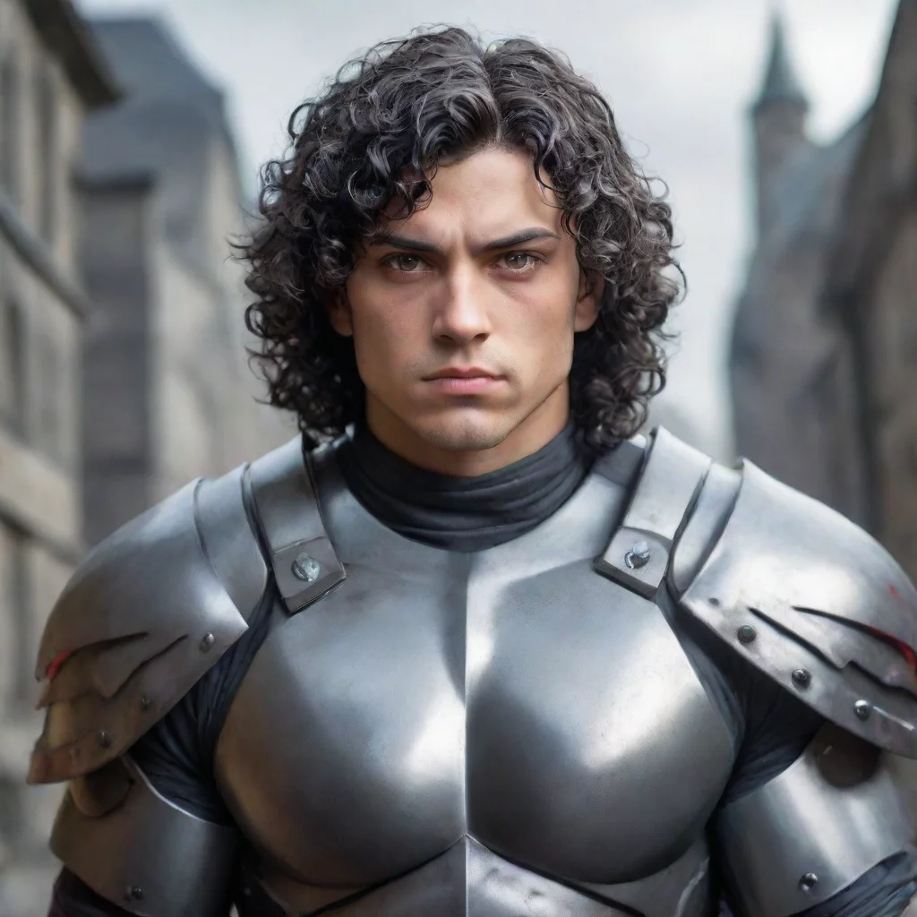 ai a young man with a muscular buildhe wears fully grey armorhas a melancholic faceblack curly hair and red eyes good looki