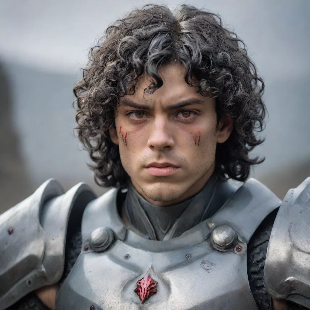 ai a young man with a muscular buildhe wears fully grey armorhas a melancholic faceblack curly hair and red eyes