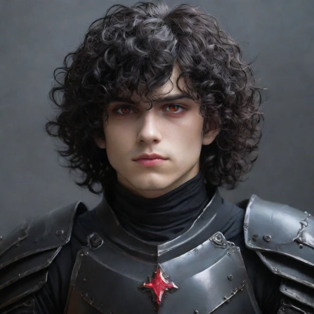 ai a young manhe wears fully black armorhas a melancholic faceblack curly hair and red eyes good looking trending fantastic