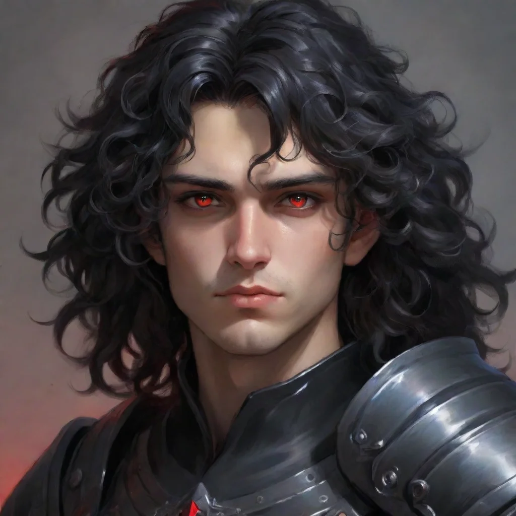 ai a young manhe wears fully black armorhas a pale melancholic facelong black curly hair and red eyes confident engaging wo