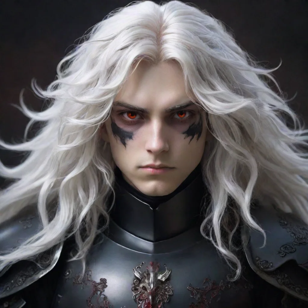 a young manwith fully black armorhe has a pale and melancholic facehe has long curly white hair and red eyes amazing awe